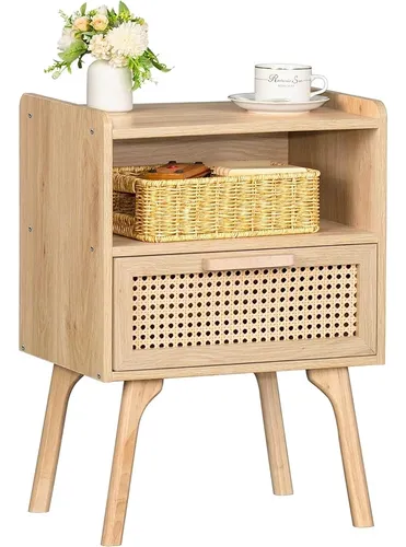 comprar Lerliuo Rattan Mesita De Noche Mesa Auxiliar Boho Con Cajon