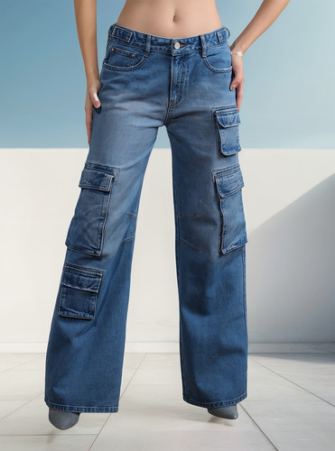 Jeans Mujer Corte Recto Ancho 100% Algodón Azul Medio