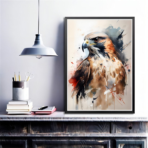Marco decorativo con diseño de halcón en acuarela, 45 x 34 cm, con cristal