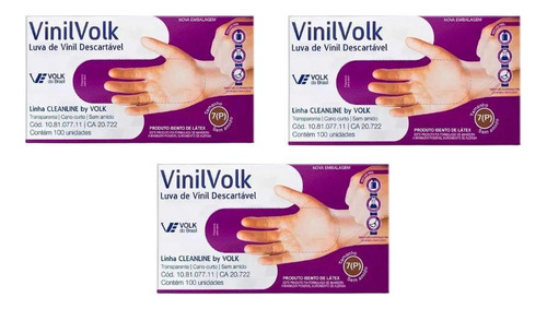 Luvas Vinil Volk Com 100un Pequena Sem Amido - Kit C/3un