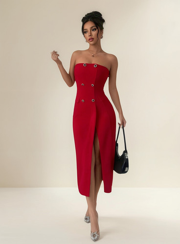 Vestido De Traje Sin Tirantes Elegante Con Abertura Frontal
