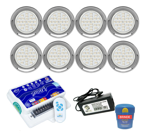 Kit Led Piscina 80m² - 8 Leds 5w Inox, Comando Smart + Fonte