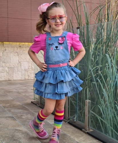 Imagem 3 de 9 de Vestido Infantil Jeans Salopete Bloguerinha Mini Diva