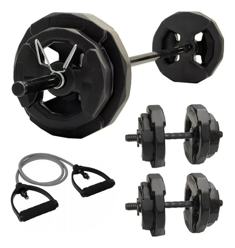 Barra + 2 Mancuernas + 24 Kg En Discos Con Manija Kit Set Color Negro