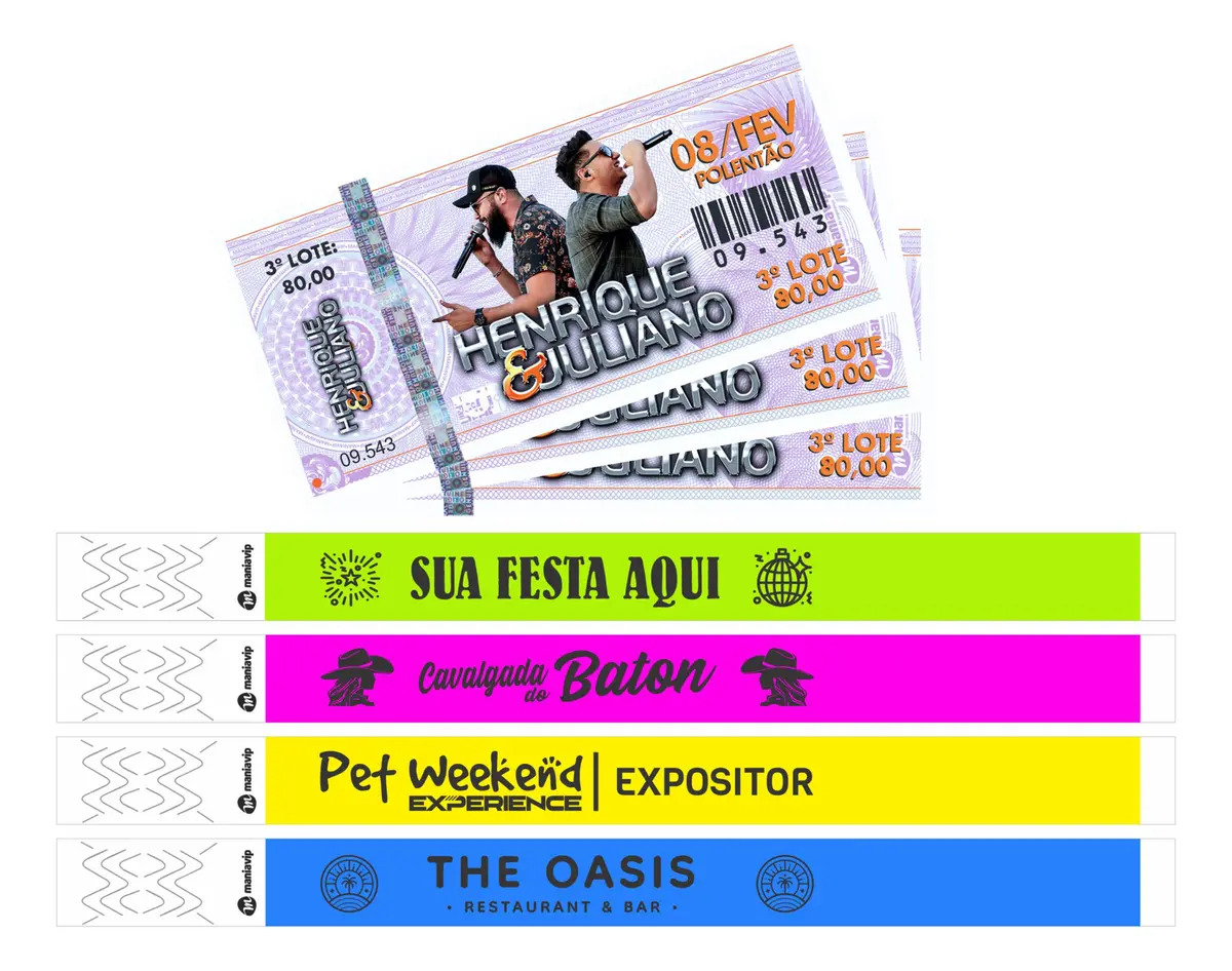 Kit 100 Pulseiras Vip + 100 Ingressos 10x5cm Papel Moeda