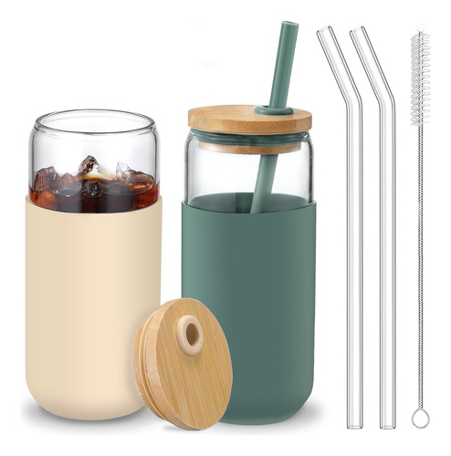 20 Oz Glass Cups With Bamboo Lids And Straws Beer Can S...