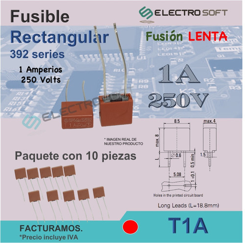 10pz Fusible Rectangular 1a 250v / T1a / 392 Tv / Tele