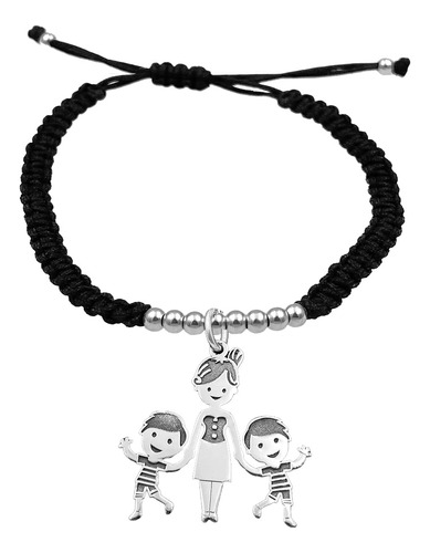 Pulsera Bolitas Mama Y 2 Niños Plata 925 Negra