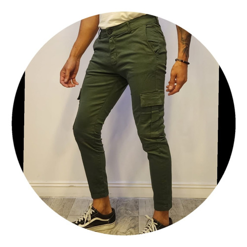 Pantalon Cargo Verde Gabardina Elastizada 
