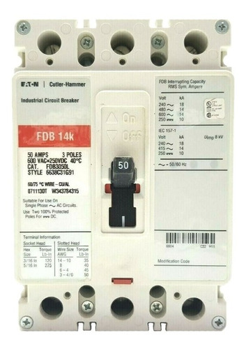 Interruptor Industrial 3 Polos 50 Amps 600v Cutler Fdb3050l