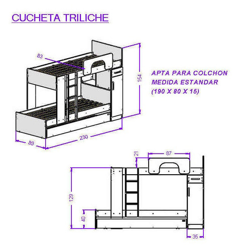 Cama cucheta triple Mosconi Dakar/Express 1 plaza color venezia fabricada en mdp