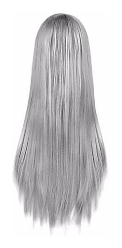 ¡ Peluca Lisa 80cm Kanekalon Larga Cabello Gris Plateado !!