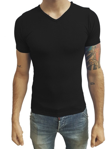 Camiseta Slim Fit Básica Gola V Viscolycra Manga Curta Sjons