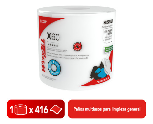 Paños De Limpieza Wypall X60 Rollo Jumbo Liso Precorte Blanco