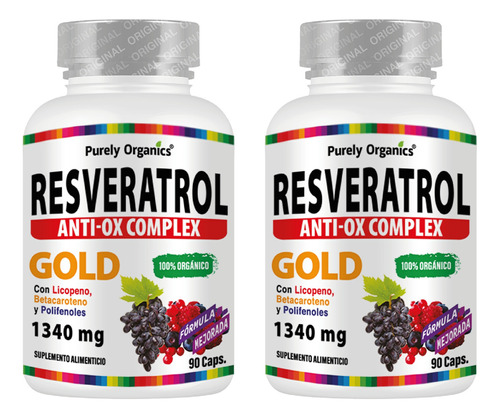 Combo 2 Resveratrol Purely Organics Anti-ox Complex Gold | 90 Caps Sabor Sin sabor