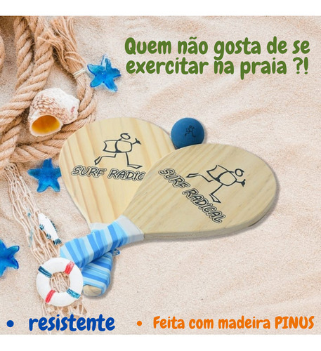 Raquete Frescobol De Madeira Com Bolinha Surf Radical Cor Palha