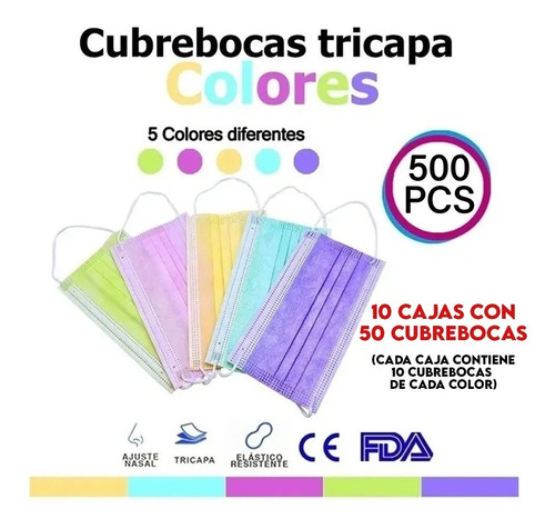 500 Cubrebocas Tricapa Bolsa Tapabocas Mascarilla 5 Colores 