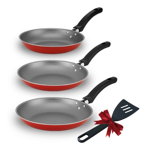 Kit 3 Frigideiras Antiaderente P/ Panqueca Omelete & Crepe Cor Vermelho