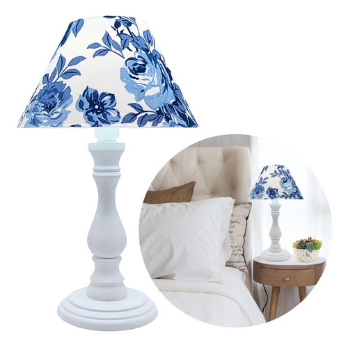 Abaju Luminária De Mesa Base  Madeira Cor  Branco Estampado 