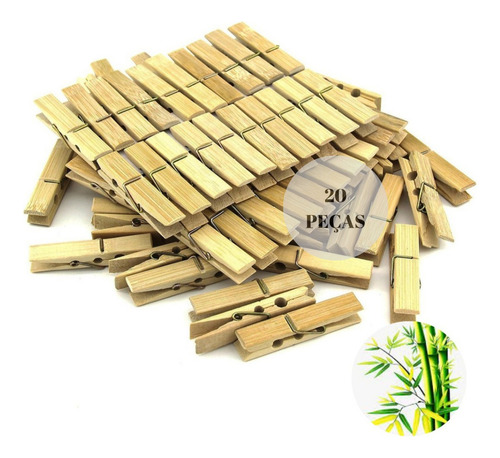 Kit 20 Prendedor Pregador De Roupa Madeira Bambu Cor Bamboo
