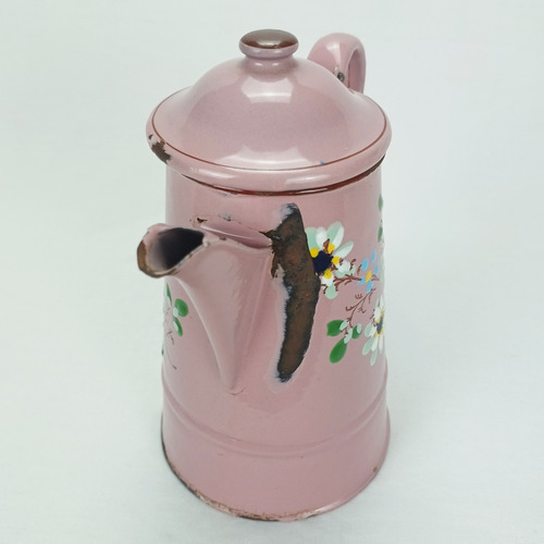Bule Antigo Ferro Esmaltado Ágata Rosa Flores Raridade! (Usado)