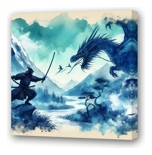 Cuadro 60x60cm Samurai Dragon Pelea Montaña Oriental M2