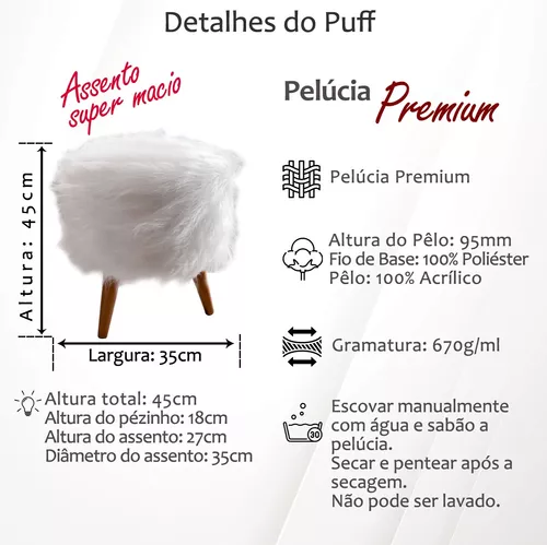 Kit 2 Puff Redondo Pelúcia Branco Sala Quarto