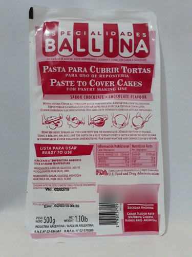 Pasta Ballina P/ Cubrir Tortas Chocolate 500 Gr. - Envios