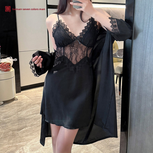 Conjunto De Pijamas De Seda Con Ribete De Encaje Para Mujer