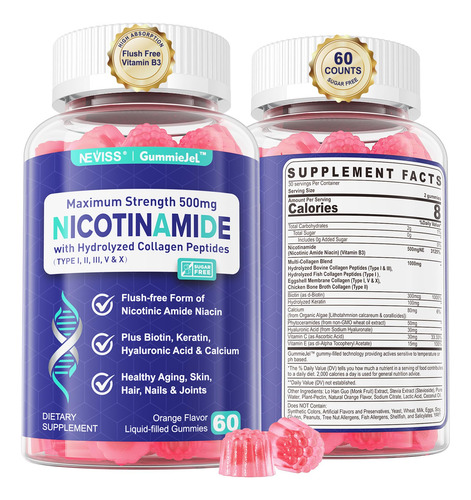 Nicotinamide 500mg Mangas Llenas, Nad+ Suplemento W/ 72s18