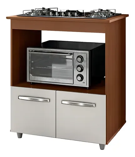Balcão Moblis Móveis cooktop 5 bocas forno microondas multiuso Elisa cor savana/off white