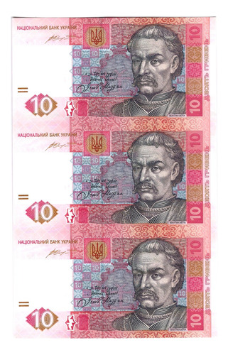 Ucrania - 3 Billetes 10 Hryven 2015 - Sin Cortar - Unc