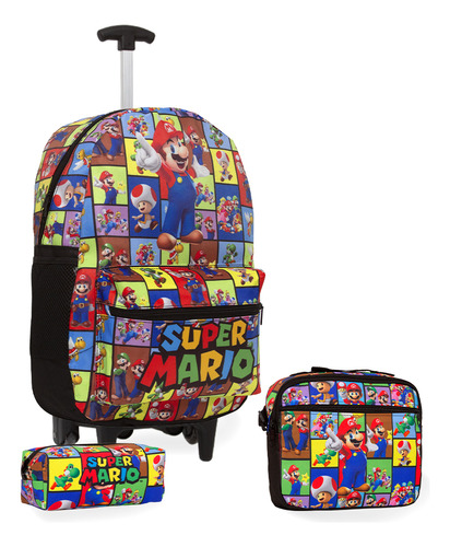 Kit Mochila Infantil Super Mario Carrinho Lancheira Grande