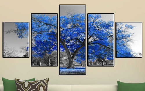 Cuadro Decorativo De Arbol Azul Blanco Y Negro 100x200cm