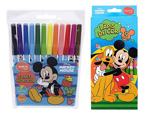 Kit Mickey Mouse Escolar Canetinha + Lápis De Cor Molin