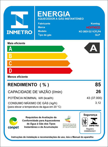 Komeco Ko 26 Di G2 Home Aquecedor De Água A Gás 26 Litros Inox Digital 127/220V Gás GLP Com Kit Ligação