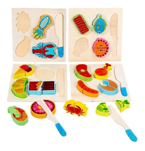 Puzzle Montessori De Madera Corte Frutas Y Verduras Pack 4