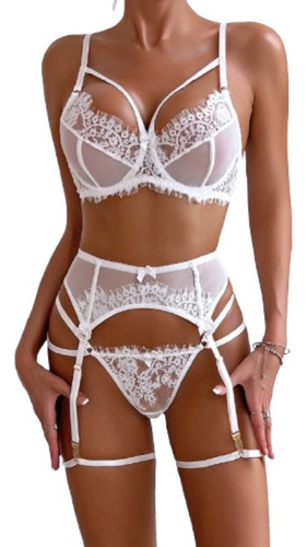 Conjunto Sexy De Ropa Interior De Encaje De Color Liso Con H