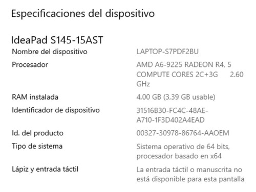 Notebook Lenovo S145 Amd A6 4gb 1tb 15.6 Win10 Gris Gris (Usado)
