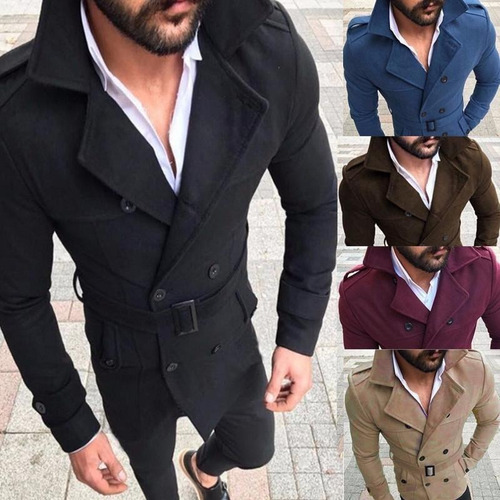 Gabardina Con Doble Botón Para Hombre, Abrigo Largo Con