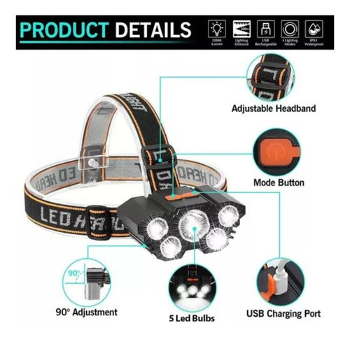 Linterna Led Minero Frontal 5 Led Impermeable Recargable Usb