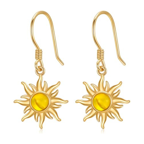 Pendientes Sol De Oro De 14k Para Mujer Con Ambar Vintage