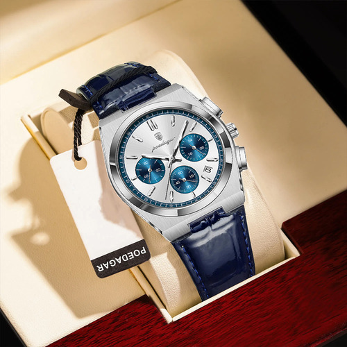 Relojes De Pulsera De Cuarzo De Cuero Azul De Lujo Poedagar