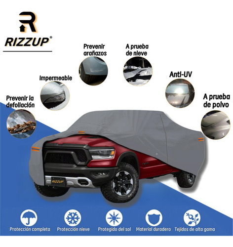 Rizzup® 5.5m Funda Para Pickup 100% Impermeable Cubiertas Para Autos Coche Protector Automovil Vehiculos Accesorios Gris Oscuro 4 Tiras Reflectantes Incluye Cremallera Lateral