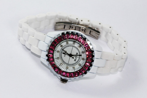 Reloj Skone Ceramica Blanca Cristales Zirconia Lilas R170