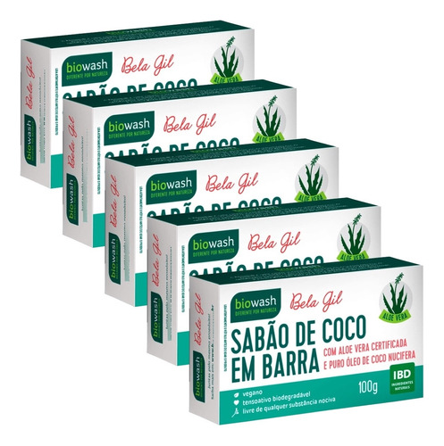 5 X Sabão Biodegradável Coco Em Barra Natural 100g Biowash