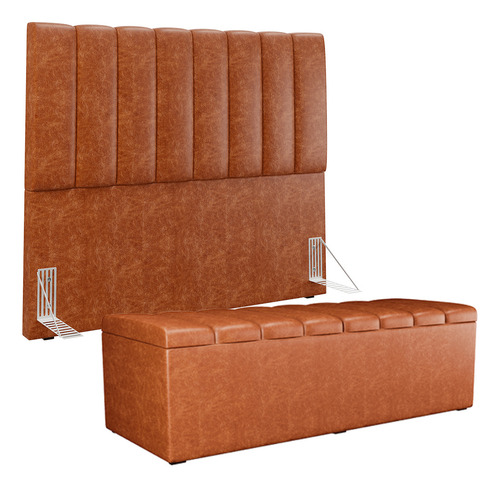 Kit Cabeceira Box 140 Cm Calçadeira Dália Couríssimo Camel
