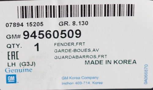 Imagen 4 de 4 de Guardafango Delantero94560509 Izquierdo Cruze Original Gm