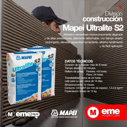 Mapei Ultralite S2 Adhesivo Cementicio Liviano Gris X 15 Kg