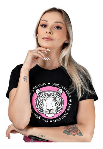 Blusa Feminina Tshirt Frases Preta Tigre 100% Algodão